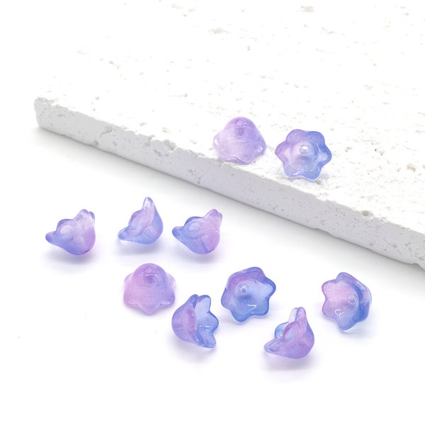 10 x Lavender Glass Flower Beads, Lampwork Lily of the Valley Beads, Bell Shaped Flower Beads Ombre Pink to Blue (3822)