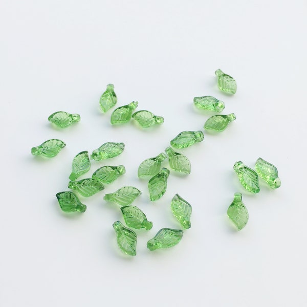 50 x Tiny Transparent Green Acrylic Leaf Beads 5x10mm Small Green Leaf Charms Lucite Leaves (3649)