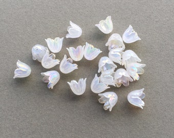40 x AB White Bell Shaped Flower Beads Acrylic Semi-translucent Lucite Flower Bead Caps (3688)