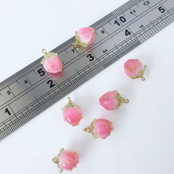 2 x Real Flower Bud Charms, Pressed Rose Flower Charms, Preserved Flower Pendants, Deep Pink Rose Beads (2249)