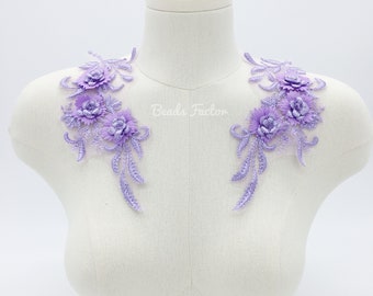 1 pair x 3D Flower Lace Applique Purple Embroidery Lace Patch Floral Lace Applique for Wedding Dress Decoration