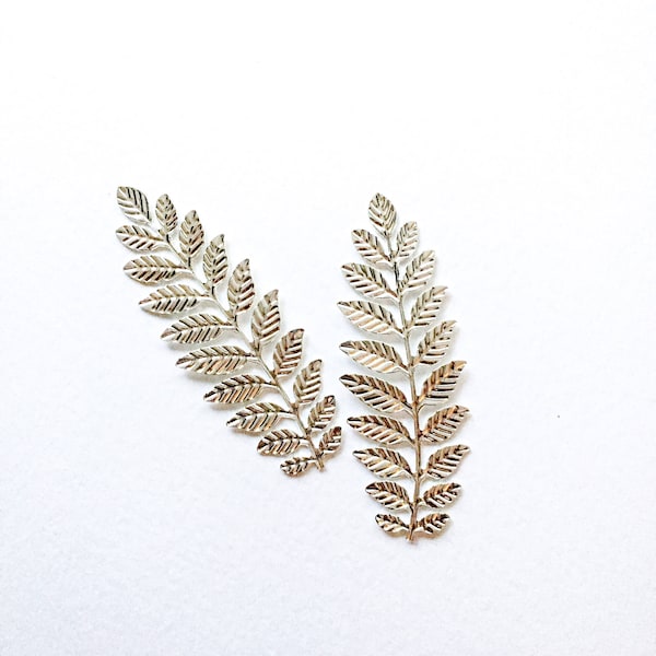 2 x Silver Fern Leaf Embellishments, Silver Laurel Leaf Stampings Large Silver Leaf