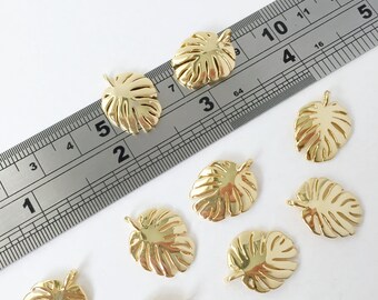 18K Gold Plated Monstera Pendants, Shiny Gold Monstera Leaf Charm, Polished Gold Tropical Leaf Pendant (1380)