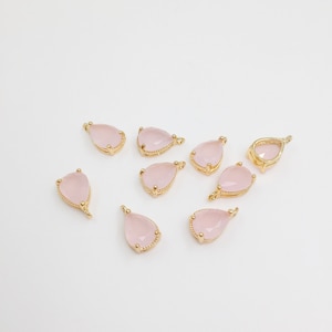 2 x Frosted Pink Faceted Glass Teardrop Pendants, 11x6mm 14K Gold Plated Teardrop Crystal Charms (1376)