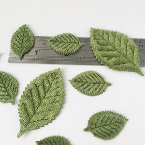 May include: A collection of eight green velvet leaves, ideal for crafting or decorating. The leaves are approximately 2.5 cm in length.