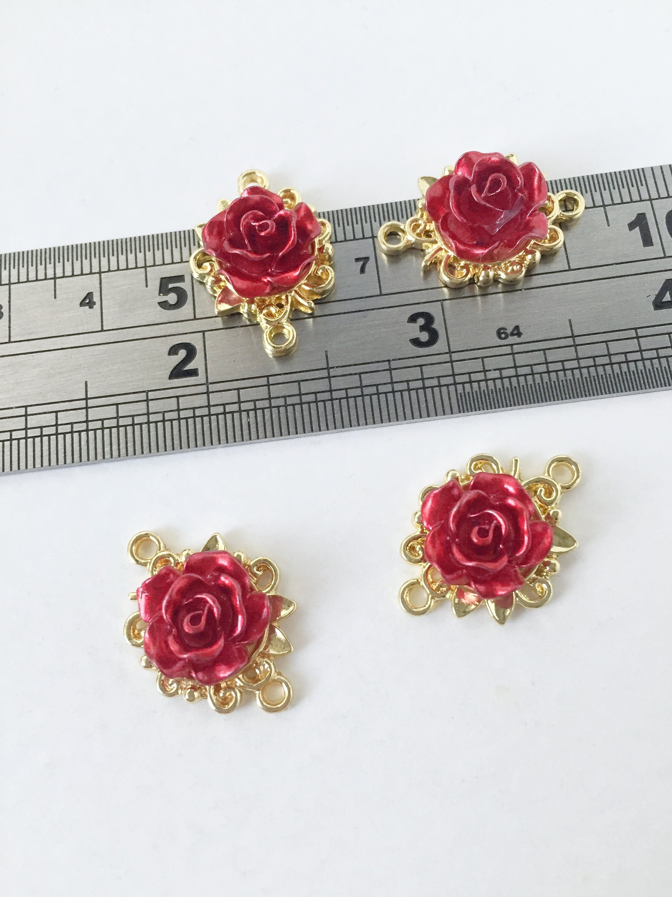 4 X Red Rose Connectors Gold Base Flower Links Wine Red Rose Links for ...
