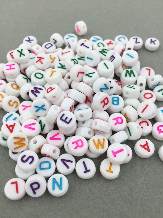 100 X Opaque White Alphabet Beads With Colourful Letters, 7mm