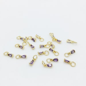 4 x Tiny 18K Gold Plated Purple Teardrop Cubic Zirconia Charms with Jump Rings, 3x8mm (0180)