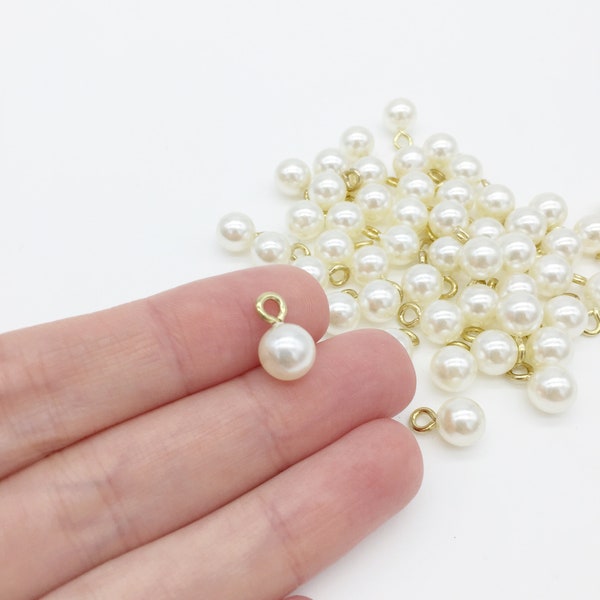 16 x Pearl Charms with Stainless Steel Loop, 8mm Off-white Pearl Charms, Gold Faux Pearl Pendants (3096G)