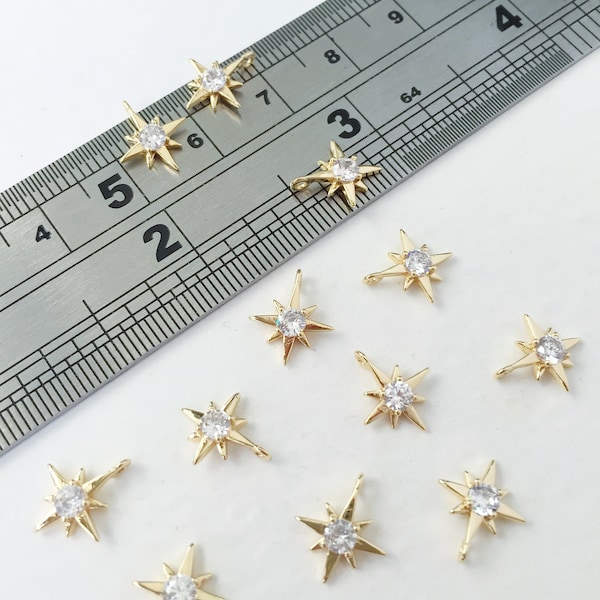 4 x Real Gold Plated Tiny Star Charms, 11mm Brass Star Pendants with Cubic Zirconia (0082)