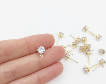 4 pairs x Cubic Zirconia Gold Earring Studs with Loop, Gold Plated Crystal Ear Posts, 6mm Diamond Imitation Earrings Supplies (1603)