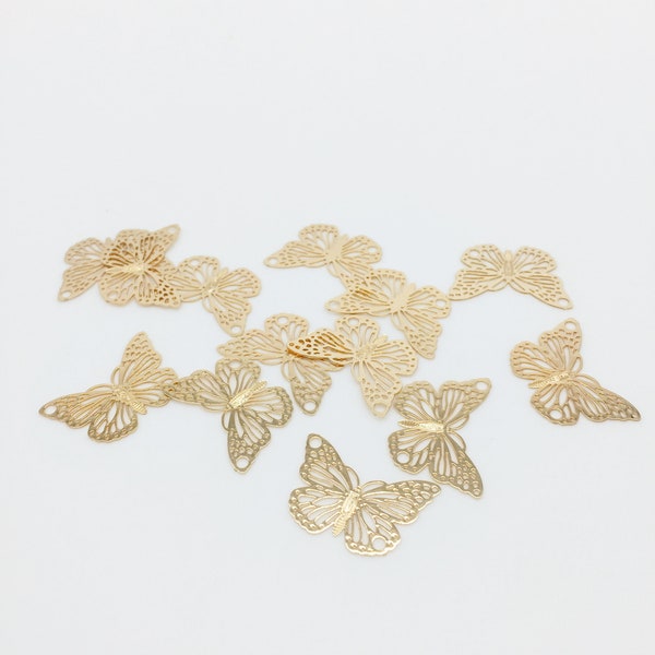 12 x Gold Plated Butterfly Connectors, Gold Filigree Butterfly Links, Etched Metal Butterfly Jewelry Connectors (1256)