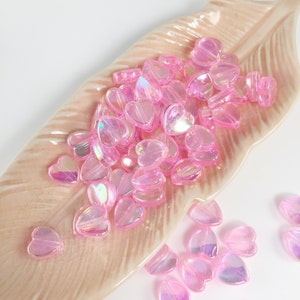 100 x Perlglanz Rosa Herz Perlen, Flache Herz Perlen, Transparent Rosa Herz Perlen, Aurora Borealis Perlen (3081)