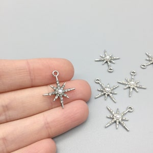 2 x Rhodium Plated Crystal Star Charms, Shiny North Star Pendants with Rhinestone and Pearl (0316S)