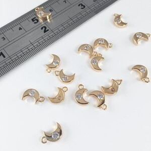 2 x Gold Plated Moon Charms, Gold Crescent Moon Pendants with Cubic Zirconia, Tiny Gold Moon Charms (2182)