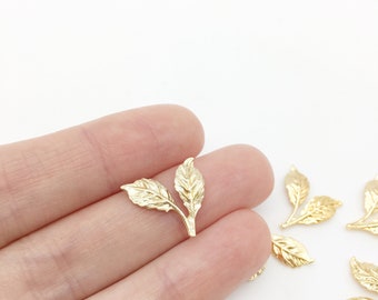 4 x Gold Double Leaf Charms Gold Plated Leaf Pendants Gold Metal Leaf Blanks Small Leaf Stampings for Headpiece Making (3515)