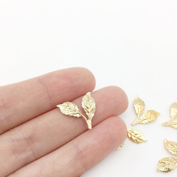 4 x Gold Double Leaf Charms Gold Plated Leaf Pendants Gold Metal Leaf Blanks Small Leaf Stampings for Headpiece Making (3515)