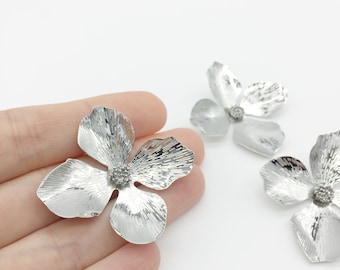 2 x Extra Large Rhodium Flower Embellishment, 45mm Silver Flower Cabochon, Silver Metal Flowers with Textured Petals