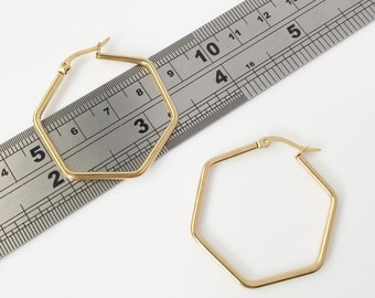 1 pair x Gold Plated Stainless Steel Hexagon Earring Hoop Blanks, Large Gold Hexagon Creole Earrings, Stainless Steel Hoops (3496)