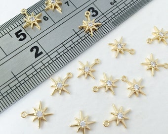 2 x 18K Gold Plated Tiny Star Charms, 10mm Brass Star Pendants with Cubic Zirconia (0077)