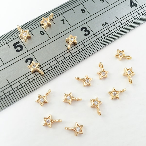 4 x 18K Gold Plated Teeny Tiny Star Charms, 7mm Brass Star Pendants with Cubic Zirconia (0090)