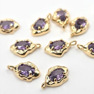2 x Organic Shaped Purple Cubic Zirconia Teardrop Charms, 12.5x7.5mm Gold Plated Purple Crystal Pendants