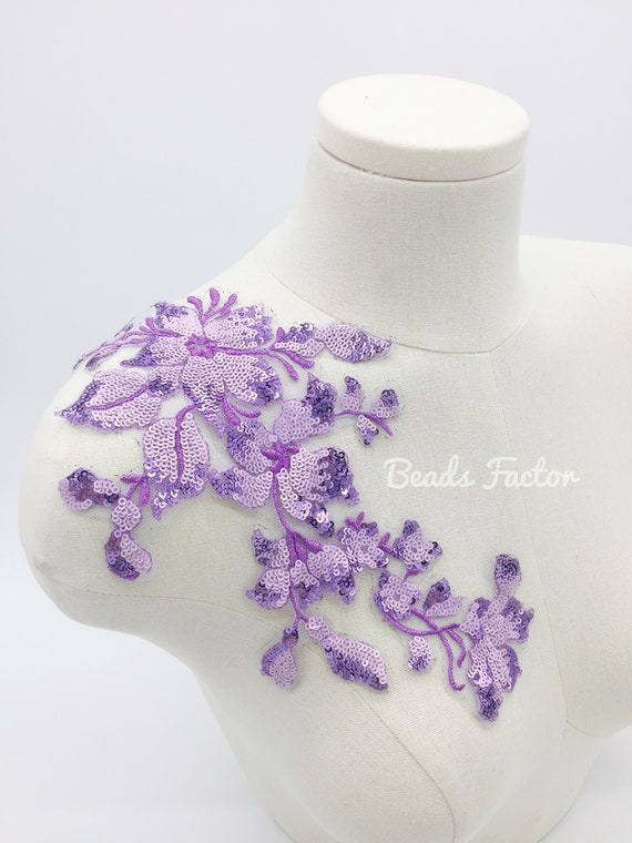 Akiko.CC Handmade Rhinestones Lace Trim Patches Handsewing Beads Applique For Dress DIY Accessories 13.7X21.2inches (Light Purple