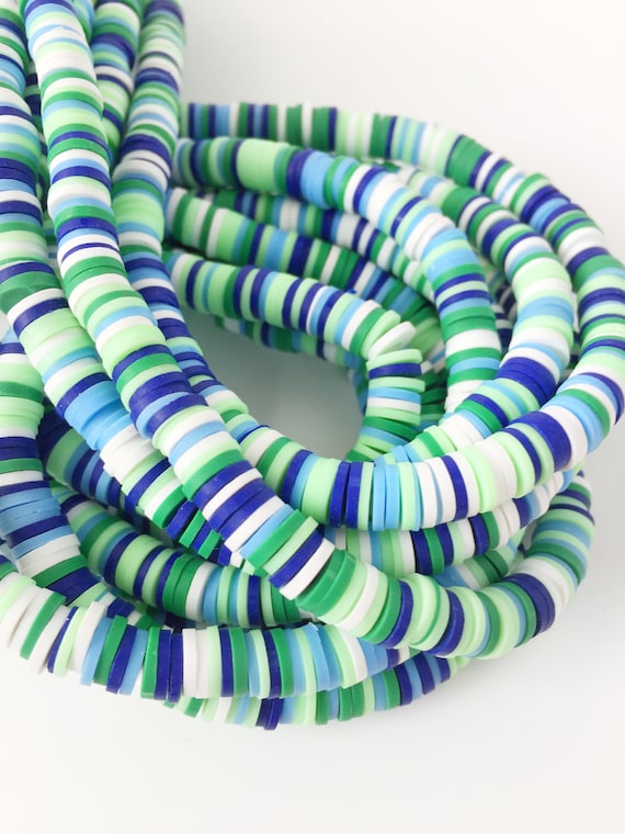 Polymer Clay Beads, Blue Green Mix, 6mm Heishi Disk