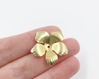 10 x Raw Brass Flower Beads, Solid Brass 5 Petal Flower Bead Caps, 26mm Gold Tone Metal Flowers