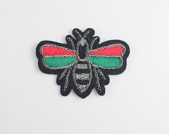 Green and Red Bee Iron-on Patch, Small Bee Embroidery, Queen Bee Motif, Bee Applique, Embroidered Bee Badge