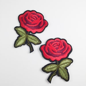 Red Rose Iron-on Patch, Embroidered Rose Badge, Blooming Rose Applique, Mirror Rose Appliques DIY Flower Patches for Clothes Bags Trainers
