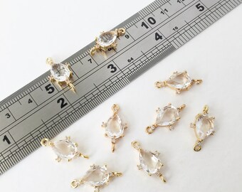 2 x Teardrop Crystal Links, Cubic Zirconia and Faceted Glass Connectors, Gold Plated Crystal Connectors (1140)