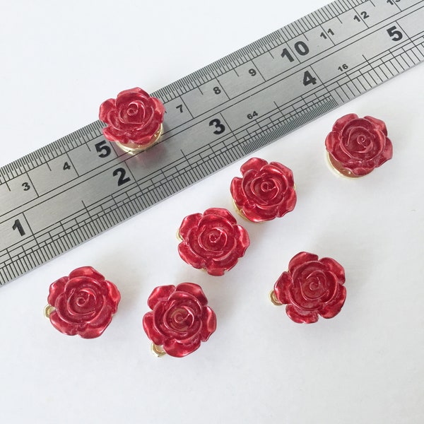 4 x Rote Rose Anhänger Gold Basis Blumen Charms Weinrot Rose Charms (0980P)