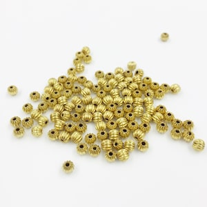 50 x 4mm Corrugated Raw Brass Round Beads, Tiny Ribbed Ball Beads, Brass Spacer Beads (C0722)