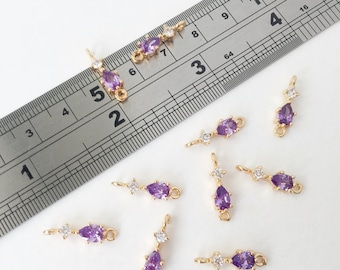2 x 24K Gold Cubic Zirconia Links, Gold Crystal Connector, Earring Making Supplies, Zirconia Earring Connectors, Purple Crystal Links (1126)