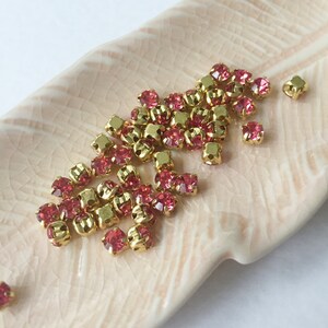 48 x 4mm or 5mm Rose Rhinestone in Gold, Gold Sew On Rhinestone, Round Sew On Glass Rhinestone, Pink Sew On Rhinestone, Pink Montees
