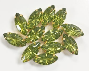 12 x 7x15mm Olive Green Rhinestones in Gold Setting Marquise Cut AB Rhinestones