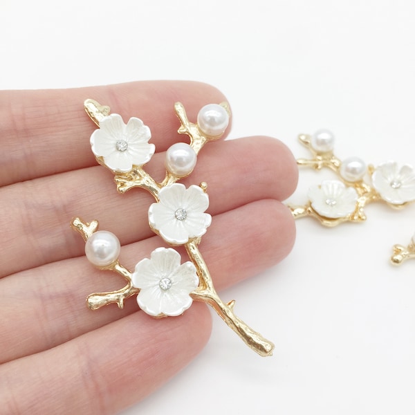 2 x Plum Blossom Branch Embellishment, Champagne Gold Pearl and Flower Branches for Headpiece Making