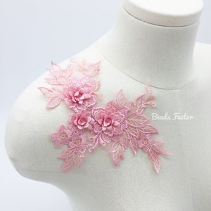 Pink Embroidery Lace Patch Mirrored Pair 3D Flower Lace Applique Floral Lace Applique for Wedding Dress Decoration