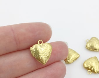 5 x Raw Brass Heart Locket Pendants with Embossed Floral Patten, 15x13mm Small Heart Lockets for Jewellery Making (C0371)