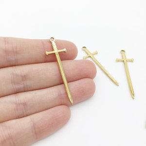 2 x 18K Gold Plated Stainless Steel Sword Pendants, 45x13mm
