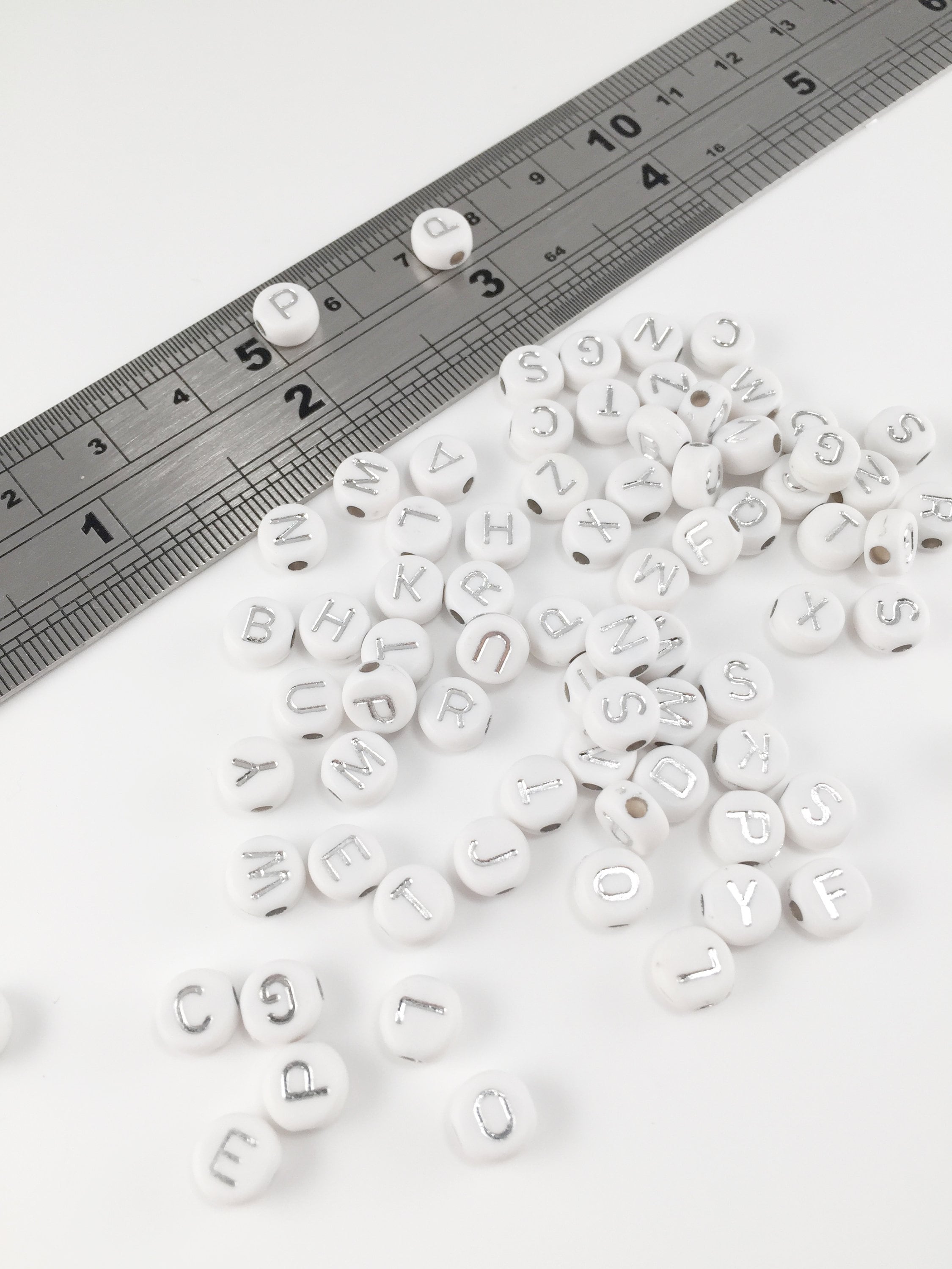 7x3.5mm Silver Acrylic Letter Beads, Flat Round Alphabet Bead