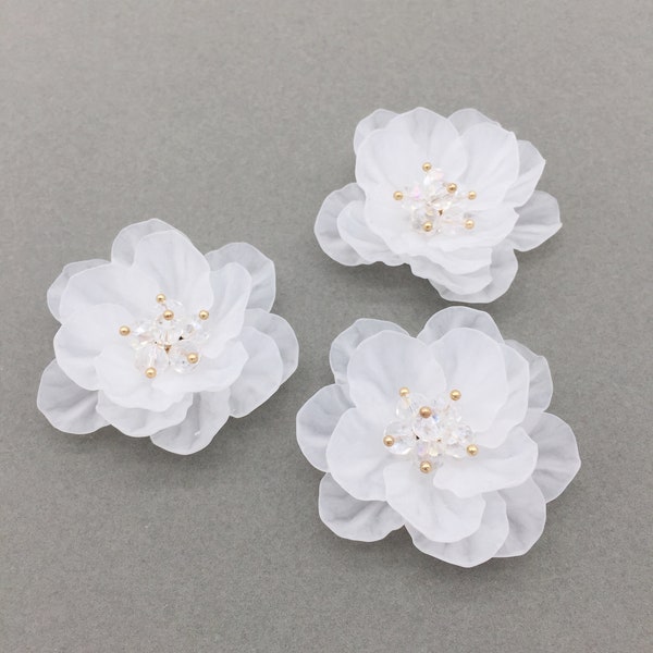 2 x Frosted White 3D Flower Beads Beaded Flower Cabochons 46mm