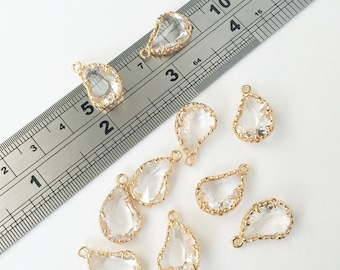 2 x Clear Faceted Glass Teardrop Charms Crystal Pendants Crystal Drop Charms in Gold (1113)