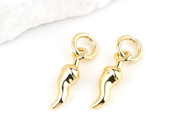2 x 18K Gold Plated Tiny Horn Charms, 12x3.5mm Gold Cornicello Pendants, Small Chili Pepper Charms