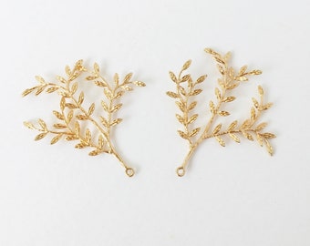 2 x Gold Plated Laurel Branch Pendants, Delicate Gold Leaf Embellishment, Gold Leaf Twigs for Tiara Making, Bridal Headpiece Supplies (1702)