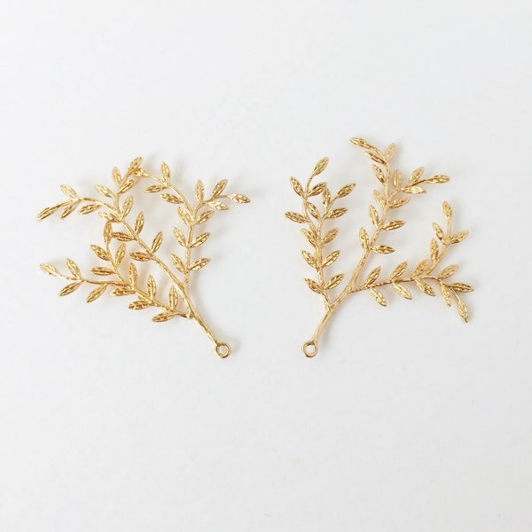 2 x Gold Plated Laurel Branch Pendants, Delicate Gold Leaf Embellishment, Gold Leaf Twigs for Tiara Making, Bridal Headpiece Supplies (1702)