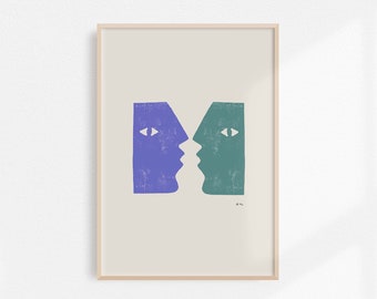 Blue and Green Faces Block Print | Printable Wall Art | Digital Download | Instant Download | Print from home | Modern Abstract Art