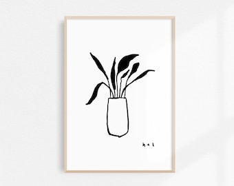 Inkt tekening, digitale download, Print at Home, Potted House plant, Zwart-Wit Illustratie, Afdrukbare Poster, Hand getekend, grillige kunst