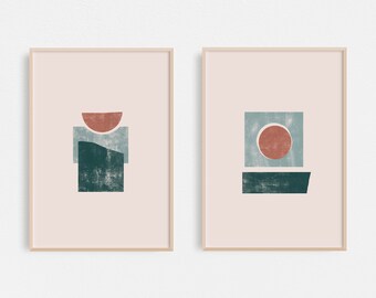 Abstract Block Print Painting | Set of 2 | Printable | Digital Download | Wall Decor | Digital Art | Pink Art